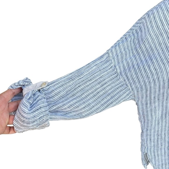 Mastro Moda Italy 100% Linen Stripe Popover Henley Top Blue Ecru Roll Tab Small - Picture 9 of 13